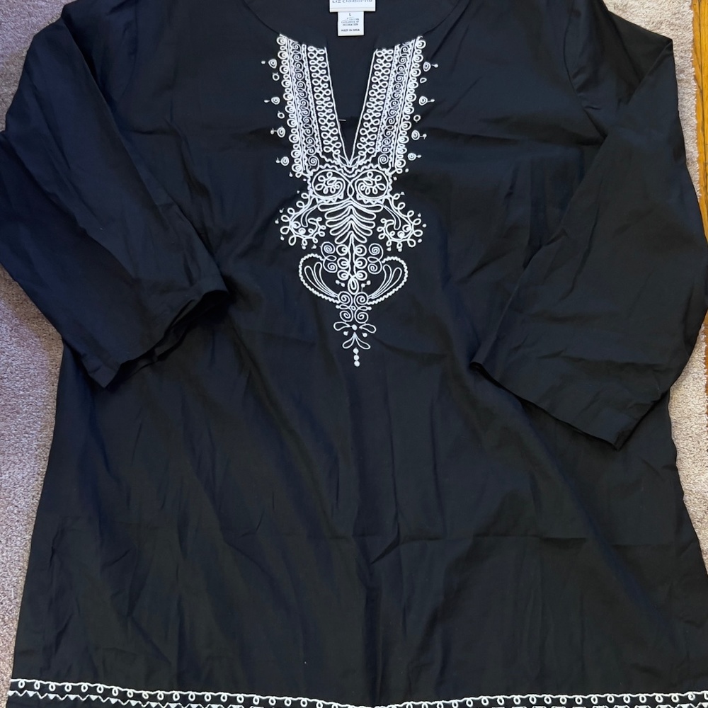 Women's Tunic Top Large Black and White | 100% Cotton | Three Quarter Sleeves